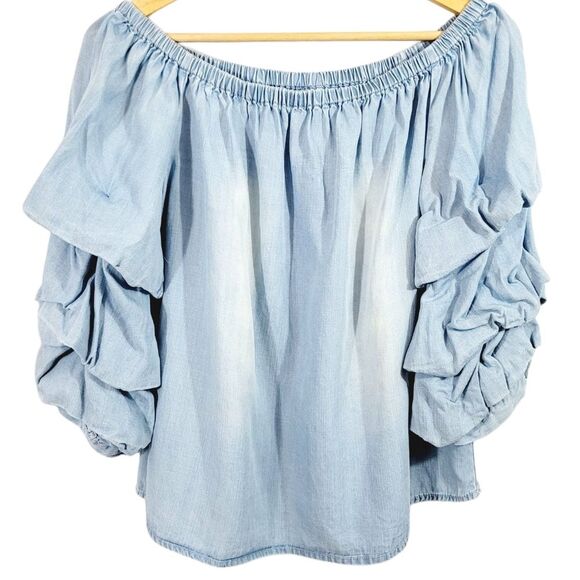 Distressed Chambray Off The Shoulder Tiered Balloon Sleeve Top in Light Blue - Picture 5 of 10
